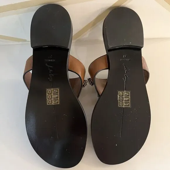 Lola Cruz Embellished Jeweled Brown Leather Flip Flops Sandals Size EU 37 US 7 - Picture 8 of 11